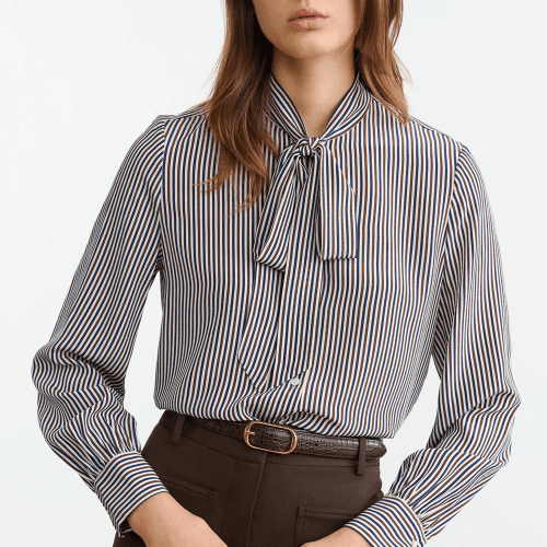 NL IRINASILKBLOUSE IVY BROWN NAVYSTRIPE front