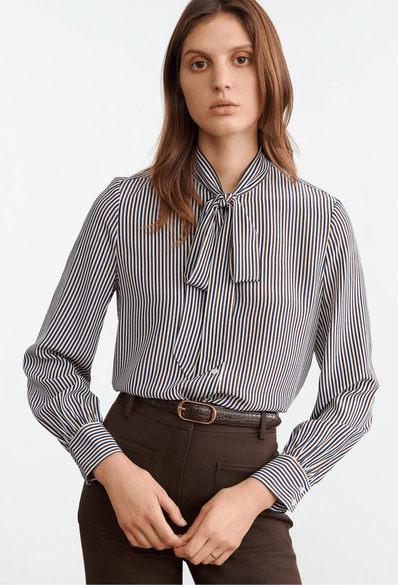 NL IRINASILKBLOUSE IVY BROWN NAVYSTRIPE front